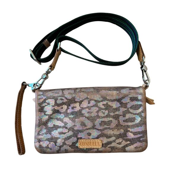 CONSUELA Iris  Uptown Crossbody  Clutch Purse Metallic Iridescent Leopard Print - Picture 2 of 6